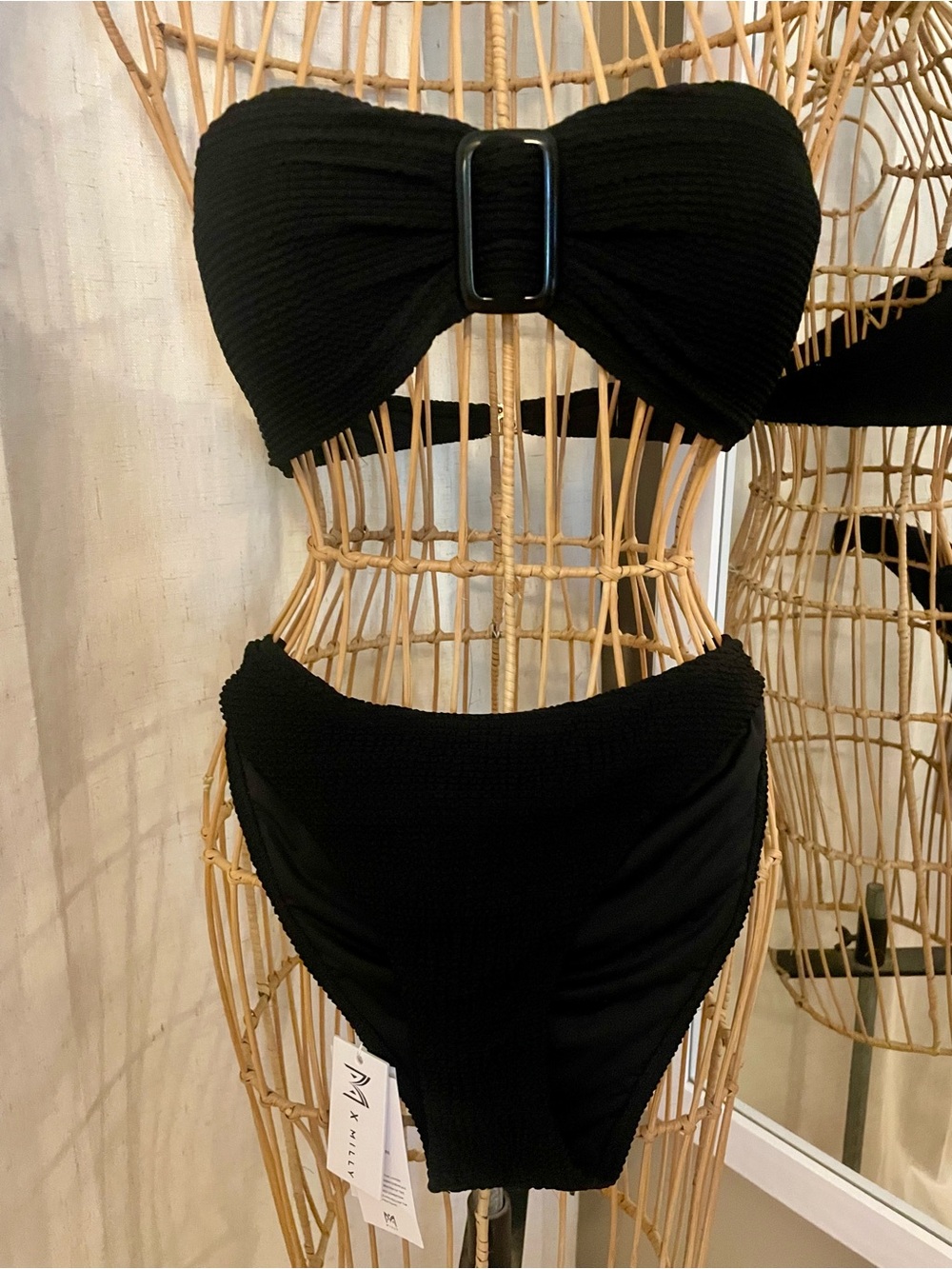 Milly Margot Bandeau Black Textured Strapless Swim Set with Buckle Accent